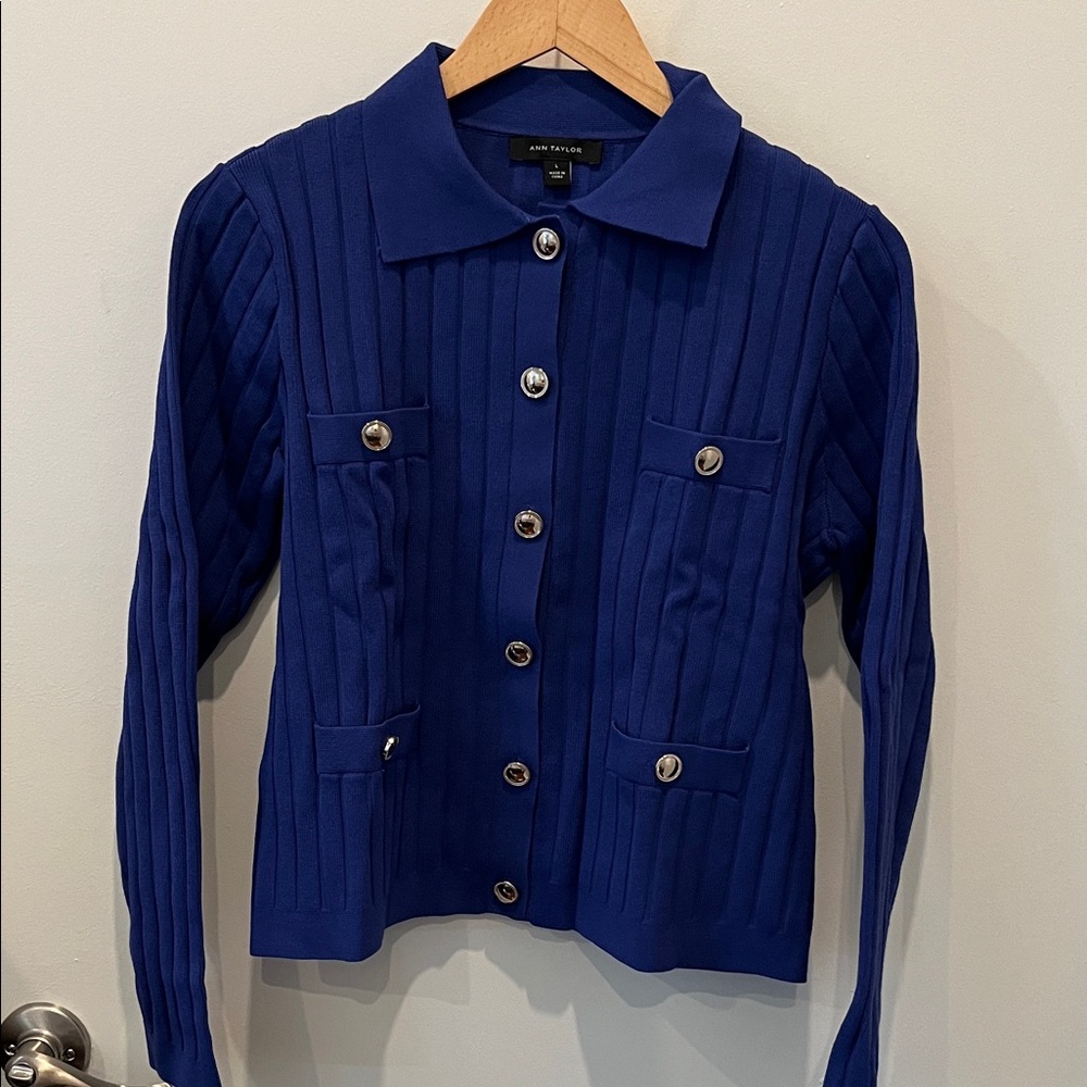 Ann Taylor Royal Blue Knit Cardigan with Metallic Buttons